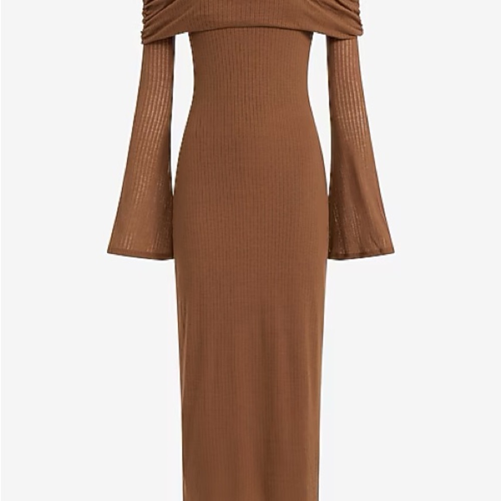 Ribbed Off-Shoulder Flare Sleeve Dress